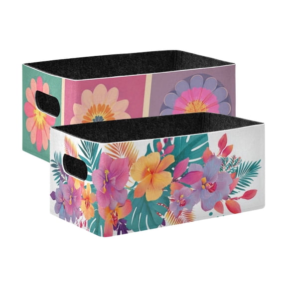 2 Pack Living Room Bed Room Felt Storage Baskets Boxes Foldable Organizer With Handles Colorful Sunflower Vector Designs colorful Blossoms
