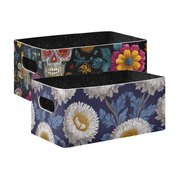 2 Pack Living Room Bed Room Felt Storage Baskets Boxes Foldable Organizer With Handles Dead Sugar Butterflies Skulls antique Style