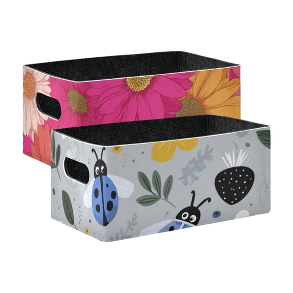 2 Pack Living Room Bed Room Felt Storage Baskets Boxes Foldable Organizer With Handles Floral flowers Ladybugs