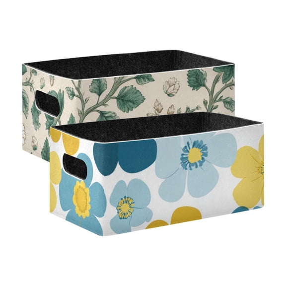 2 Pack Living Room Bed Room Felt Storage Baskets Boxes Foldable Organizer With Handles Flowers and Leaves flat Color Background