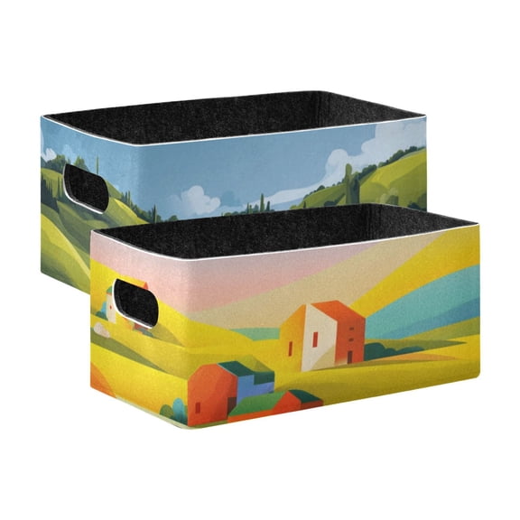 2 Pack Living Room Bed Room Felt Storage Baskets Boxes Foldable Organizer With Handles Green Landscape abstract Flat Vector Landscape