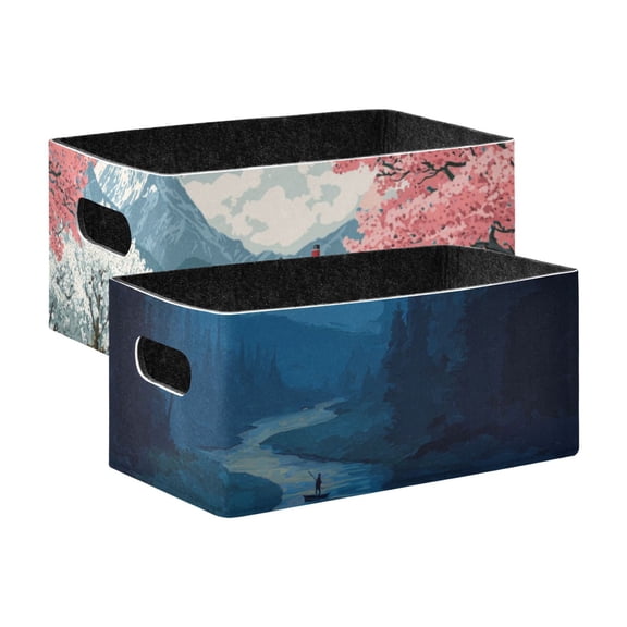 2 Pack Living Room Bed Room Felt Storage Baskets Boxes Foldable Organizer With Handles Green Meadow Cherry moonlight and River