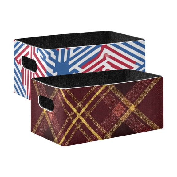 2 Pack Living Room Bed Room Felt Storage Baskets Boxes Foldable Organizer With Handles Red Blue Lines plaid in Dark Red