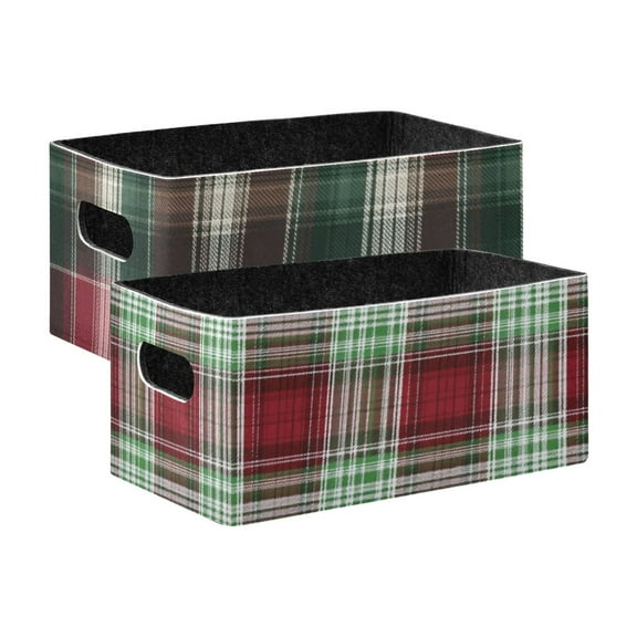 2 Pack Living Room Bed Room Felt Storage Baskets Boxes Foldable Organizer With Handles Red Green White red Green White Plaid