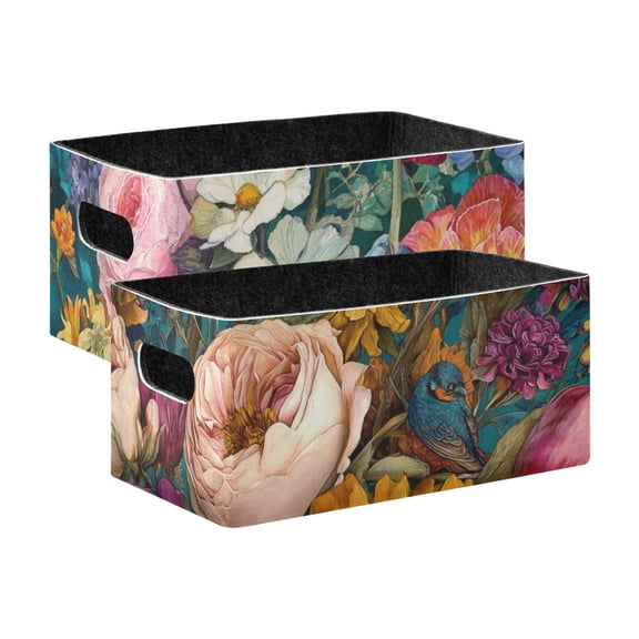 2 Pack Living Room Bed Room Felt Storage Baskets Boxes Foldable Organizer With Handles Rich Palette Floral highly Detailed Floral