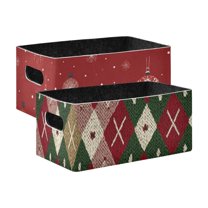 2 Pack Living Room Bed Room Felt Storage Baskets Boxes Foldable Organizer With Handles Simple Christmas Pattern red Green White Pattern