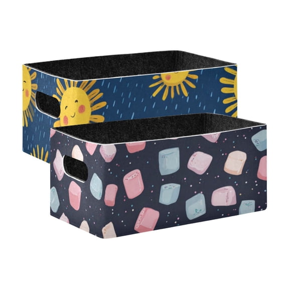 2 Pack Living Room Bed Room Felt Storage Baskets Boxes Foldable Organizer With Handles Sun Faces sweet Puffed Candy
