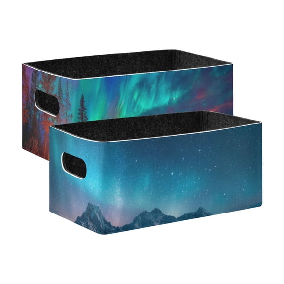 2 Pack Living Room Bed Room Felt Storage Baskets Boxes Foldable Organizer With Handles The Blue Northern Lights starry Sky over The Mountains