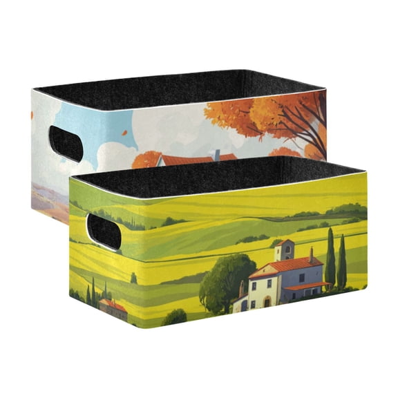 2 Pack Living Room Bed Room Felt Storage Baskets Boxes Foldable Organizer With Handles Tree and Leaves Falling landscape with Houses