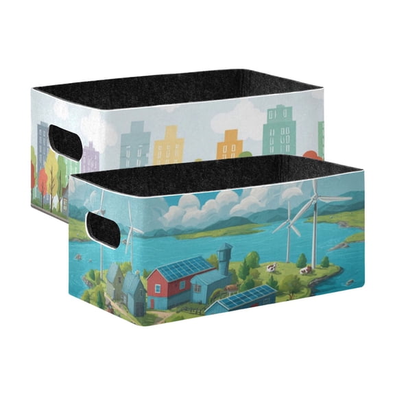 2 Pack Living Room Bed Room Felt Storage Baskets Boxes Foldable Organizer With Handles Trees and Houses windmills