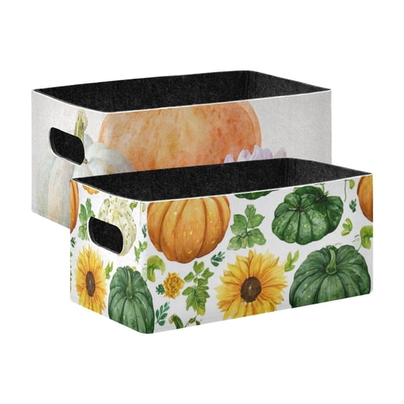 2 Pack Living Room Bed Room Felt Storage Baskets Boxes Foldable Organizer With Handles Watercolor Pumpkins pumkins&sunflower