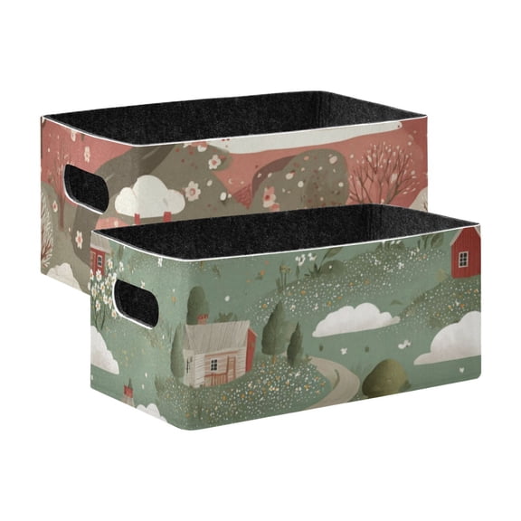 2 Pack Living Room Bed Room Felt Storage Baskets Boxes Foldable Organizer With Handles Winding Roads white Flowers Scattered