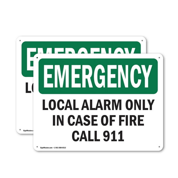 (2 Pack) Local Alarm Only In Case Of Fire Call 911 OSHA Emergency Sign 18 Inch X 12 Inch Plastic Sign, Weather Resistant, UV Protected for Workplace, Business, and Construction Site,