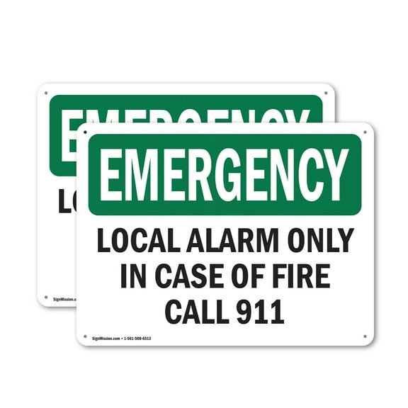 (2 Pack) Local Alarm Only In Case Of Fire Call 911 OSHA Emergency Sign 18 Inch X 12 Inch Plastic Sign, Weather Resistant, UV Protected for Workplace, Business, and Construction Site,