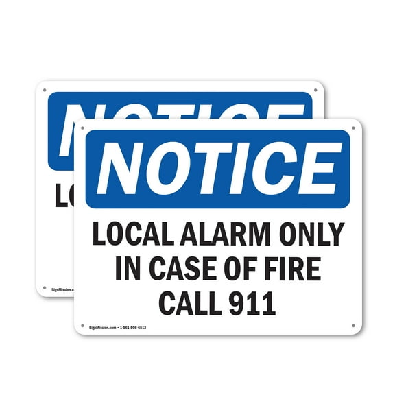 (2 Pack) Local Alarm Only In Case Of Fire Call 911 OSHA Notice Sign 24 Inch X 18 Inch Plastic Sign, Weather Resistant, UV Protected for Workplace, Business, and Construction Site, Made
