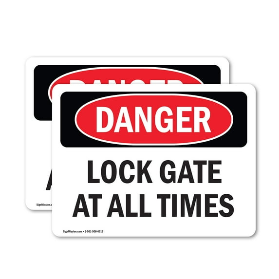 (2 Pack) Lock Gate At All Times OSHA Danger Sign 7 Inch X 5 Inch Vinyl Label Decal Sticker Weather Resistant, UV Protected for Workplace, Business, and Construction Site, Made in the