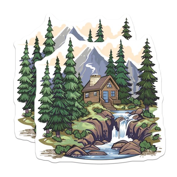 (2 Pack) Log Cabin Magnets - Mountain Forest Waterfall Scene - Rustic Nature Lover Decor - Outdoorsy Home Accessory - 5 Inches On Longest Side - Thick Durable Magnet - Made in USA
