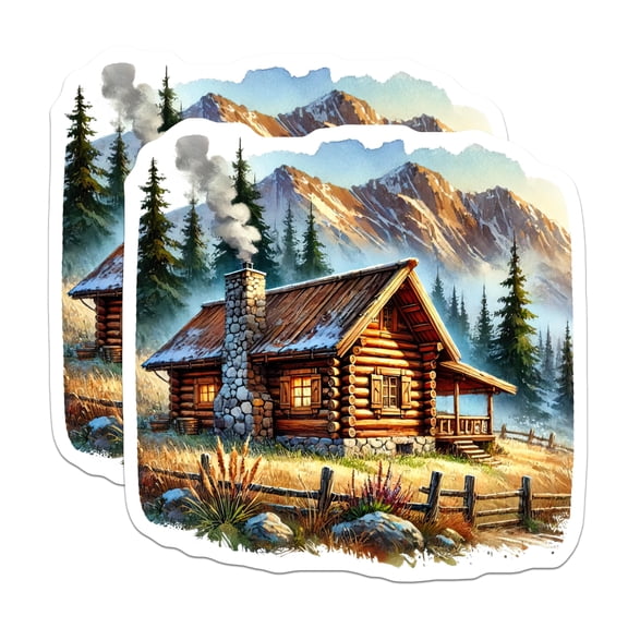 (2 Pack) Log Cabin Stickers - Mountain Scenery - Rustic Home Decor Stickers - 5" On Longest Side - Sticks to Smooth Flat Surfaces - Made in USA - BMCS17683