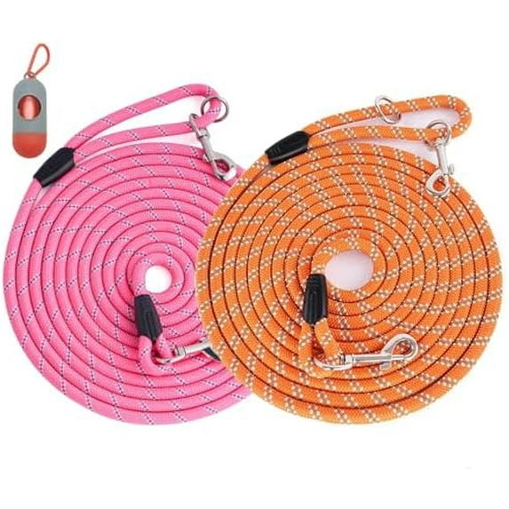 (2 Pack) Long Dog Leash for Dog Training 16FT/30FT/50FT, Reflective Heavy Duty Dog Lead for Large Medium Small Dogs Outside Walking, Playing, Camping, or Yard,Orange&Pink 15FT