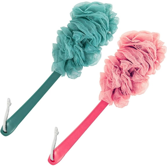 2 Pack Long Handle Back Scrubber for Shower, Loofah Sponge Brush Exfoliating Body, Scrub Brush for Shower with Loofah on a Stick, Bathing Accessories Body Brushes (Blue + Pink)