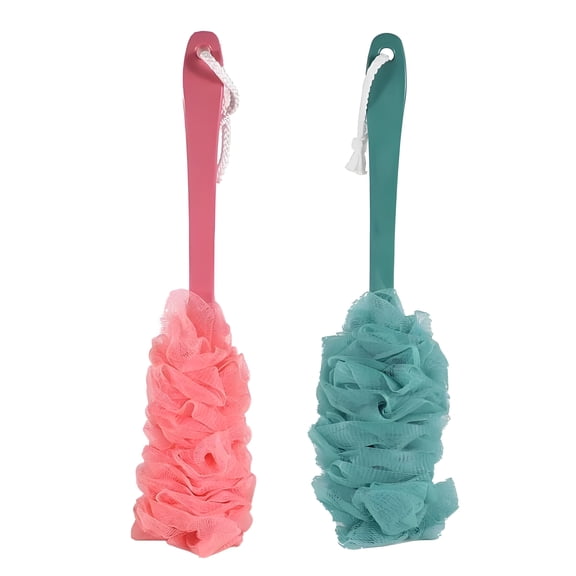 2 Pack Long Handled Back Shower Scrubber, Soft Nylon Mesh Loofah Bath Sponge Pouf, Exfoliating Body Cleaning Brush for Men and Women.
