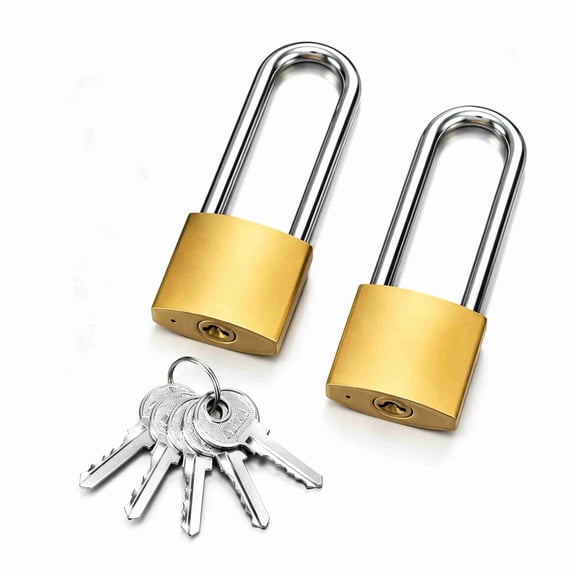 2 Pack Long Shackle Keyed Padlocks, 3.4 Inch Long Shaft Solid Brass Padlock with 6 Keys for Locker Gate Toolbox Storage
