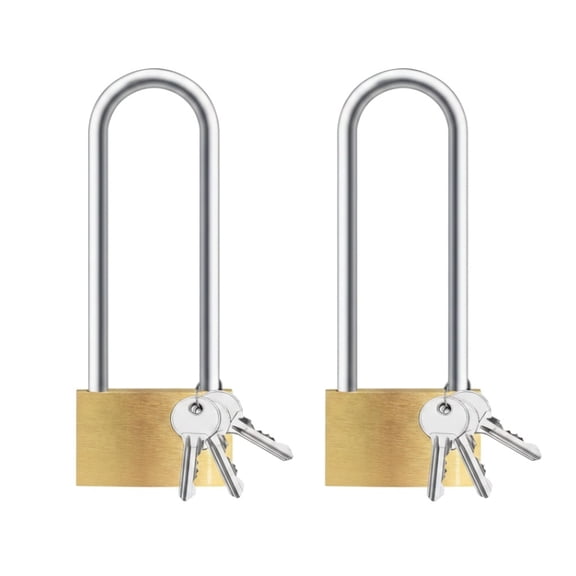 2 Pack Long Shackle Padlock, Solid Brass Weatherproof Lock, Rustproof Outdoor Security Keyed Padlock
