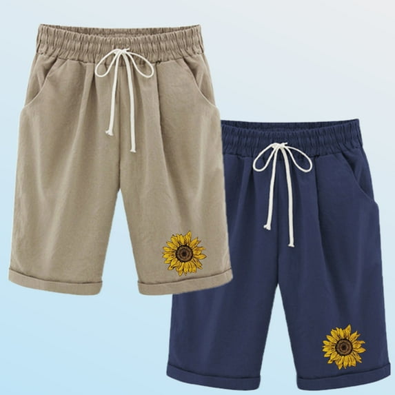 2 Pack Loose Fitting Cotton Linen Shorts with Pockets, Beach Vacation Bermuda Shorts, Womens Drawstring High Waisted Knee Length Pants High Waisted Running Shorts Lady Khaki S