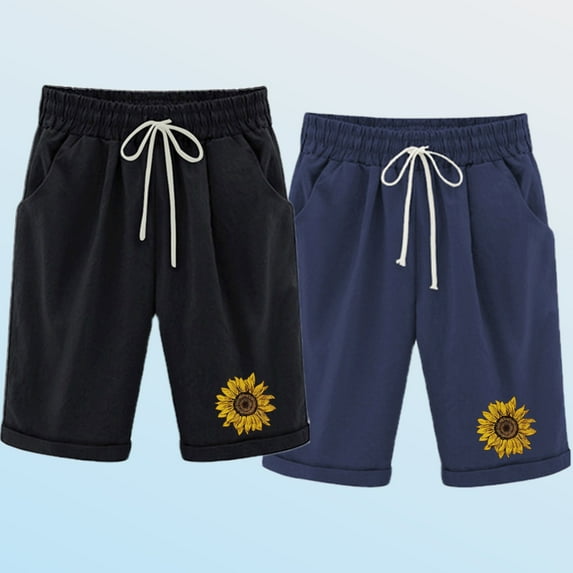 2 Pack Loose Fitting Cotton Linen Shorts with Pockets, Beach Vacation Bermuda Shorts, Womens Drawstring High Waisted Knee Length Pants Knee Length Shorts Lady Black S