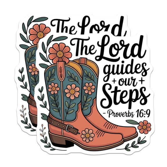 (2 Pack) Lord Guides Our Steps Stickers - Proverbs 16 9 Scripture - Christian Western Boots - Floral Boho Faith Decal - 5" On Longest Side - Sticks to Smooth Flat Surfaces - Made in USA - BMCS20008
