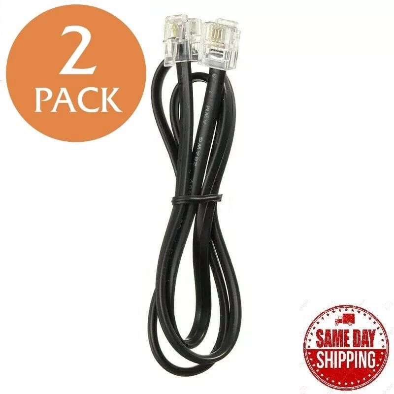 2 Pack Lot - 3Ft Telephone Line Cord Cable 6P4C Rj11 Dsl Modem Fax Phone - Black