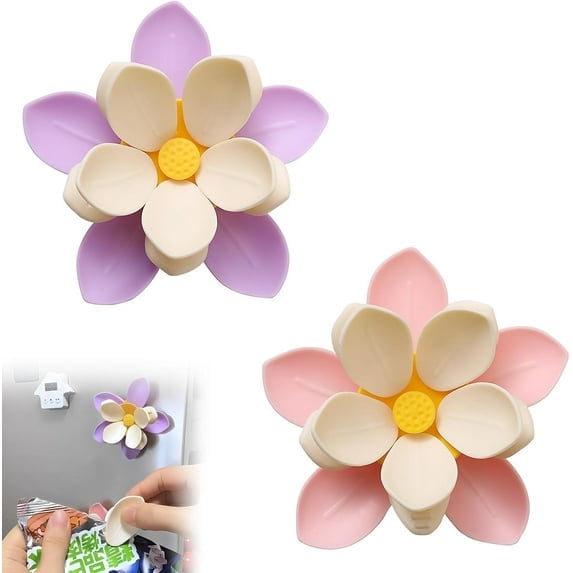 2 Pack Lotus Magnetic Sealing Clips, Kitchen Moisture Seal, Double-Layer Flowers Fridge Magnets for Snacks, Home Food Sealing Kitchen Accessories