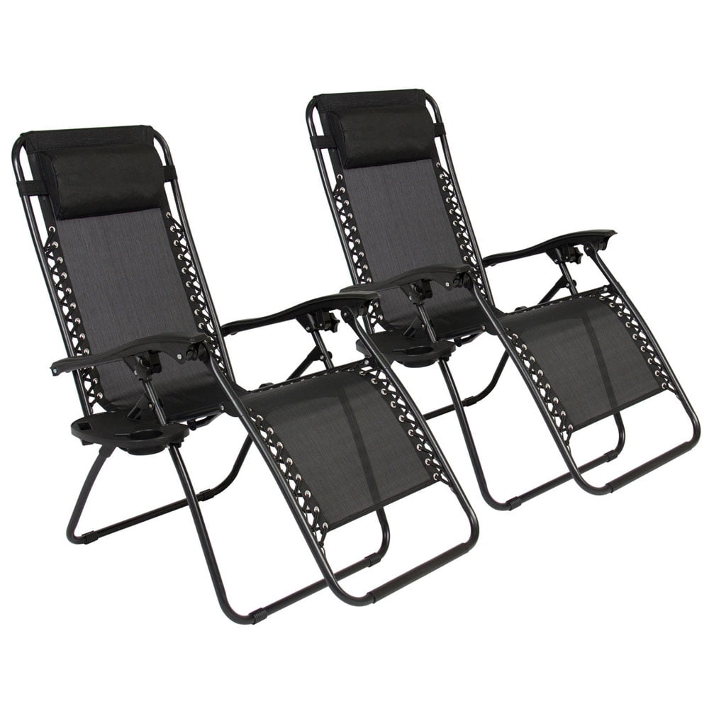 2 Pack Lounge Folding Chair with Cup Holder, Portable Lawn Chair for Outdoor Camp, Black