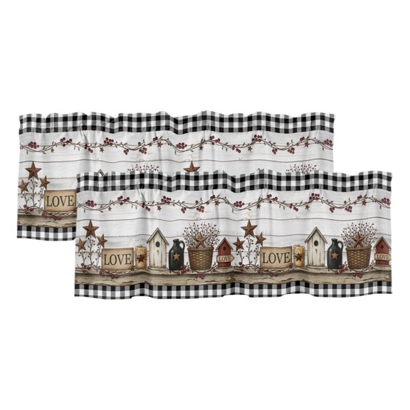 2 Pack Love Sign Valance for Window Rustic Buffalo Check Border Star Wood Grain Kitchen Valance Rod Pocket Short Curtain Topper Decorative Window Treatment for Living Room Bedroom 42"x12"