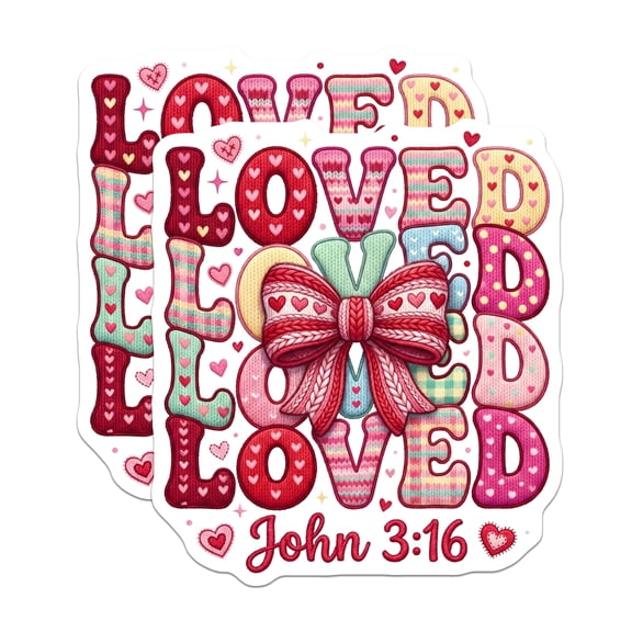 (2 Pack) Loved Stickers - John 3 16 - Religious Faith Decals- 5" On Longest Side - Sticks to Smooth Flat Surfaces - Made in USA - BMCS16428