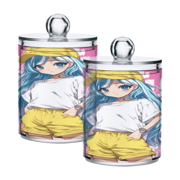 2 Pack Lovely Long Hair Girl Qtip Holder Dispenser Clear Plastic Storage Apothecary Jars for Cotton Swabs Balls Pads Floss