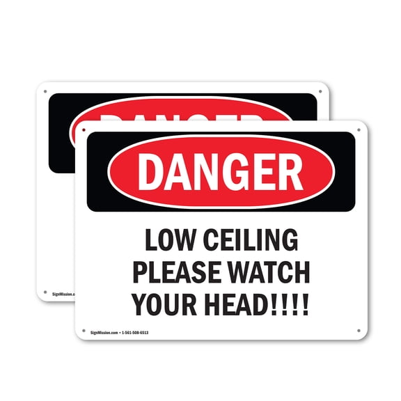 (2 Pack) Low Ceiling Please Watch Your Head! OSHA Danger Sign 10 Inch X 7 Inch Plastic Sign, Weather Resistant, UV Protected for Workplace, Business, and Construction Site, Made in the