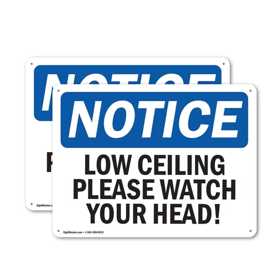 (2 Pack) Low Ceiling Please Watch Your Head! OSHA Notice Sign 18 Inch X 12 Inch Plastic Sign, Weather Resistant, UV Protected for Workplace, Business, and Construction Site, Made in the