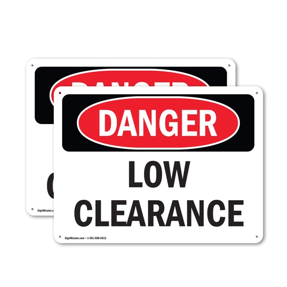 (2 Pack) Low Clearance OSHA Danger Sign 18 Inch X 12 Inch Plastic Sign, Weather Resistant, UV Protected for Workplace, Business, and Construction Site, Made in the USA