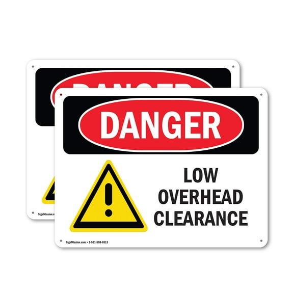 (2 Pack) Low Overhead Clearance OSHA Danger Sign 14 Inch X 10 Inch Plastic Sign, Weather Resistant, UV Protected for Workplace, Business, and Construction Site, Made in the USA