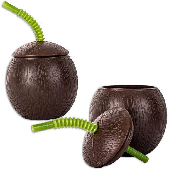 2 Pack Luau Coconut Shape Resuable 18 Oz. Party Cups W Straw, Brown