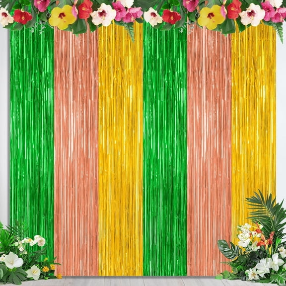 2 Pack Luau Decorations, 3.28 FT x 6.6 FT Summer Party Streamer, Green Brown Yellow Backdrop Tinsel Curtains Fringe Curtains, Metallic Hawaiian Supplies Aloha Party Decor