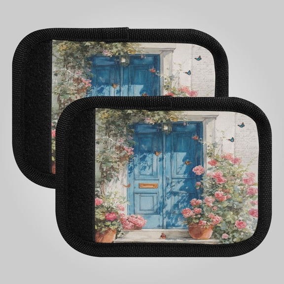 2-Pack Luggage Handle Wrap for Suitcase Includes Back Information Card Blue Door with Pink Roses