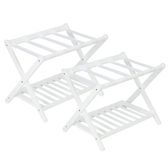 2-Pack Luggage Rack,Folding Suitcase Stand with Storage Shelf and Nylon Straps,Premium Bamboo Luggage Rack,Holds Up to 150 Lb,Fits Most Luggage Sizes, for Bedrooms, Living Rooms, and Hotels, White