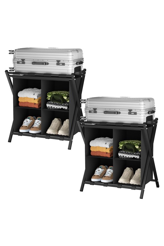 2 Pack Luggage Rack with storage, Guest Room Folding Suitcase Stands, Holds up to 120 lb, Space Saving Suitcase Holders for guest room, Bedroom Hotel, Black