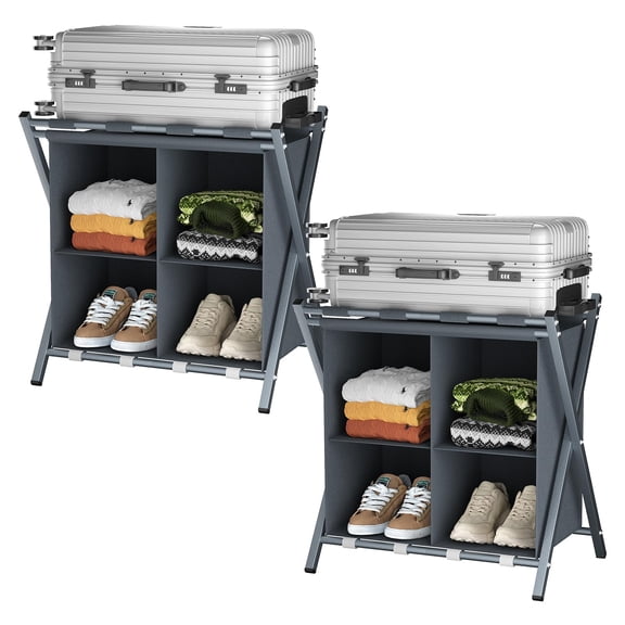2 Pack Luggage Rack with storage, Guest Room Folding Suitcase Stands, Holds up to 120 lb, Space Saving Suitcase Holders for guest room, Bedroom Hotel, Grey
