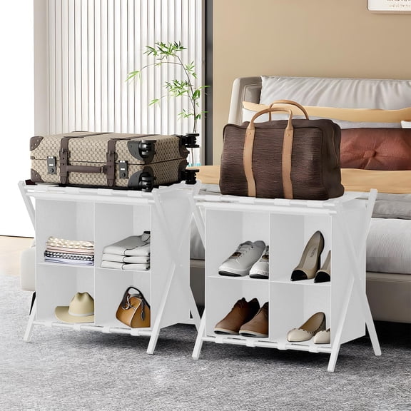 2 Pack Luggage Rack with storage, Guest Room Folding Suitcase Stands, Holds up to 120 lb, Space Saving Suitcase Holders for guest room, Bedroom Hotel, White