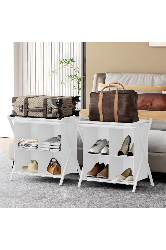 2 Pack Luggage Rack with storage, Guest Room Folding Suitcase Stands, Holds up to 120 lb, Space Saving Suitcase Holders for guest room, Bedroom Hotel, White