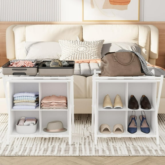 2 Pack Luggage Rack with storage, Guest Room Folding Suitcase Stands, Holds up to 120 lb, Space Saving Suitcase Holders for guest room, Bedroom Hotel, White