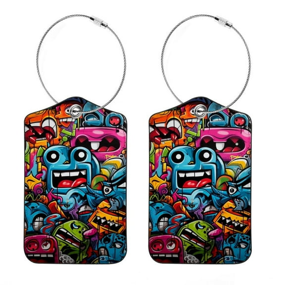 2 Pack Luggage Tag for Suitcase, Doodle Baggage Tag with Stainless Steel Loop Privacy Cover for Women Girls Bag Travel